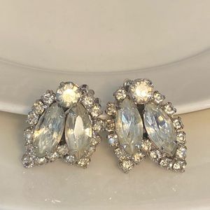 Vintage Art Deco Marquise Round Cut Crystal Rhinestone Floral Clip-on Earrings